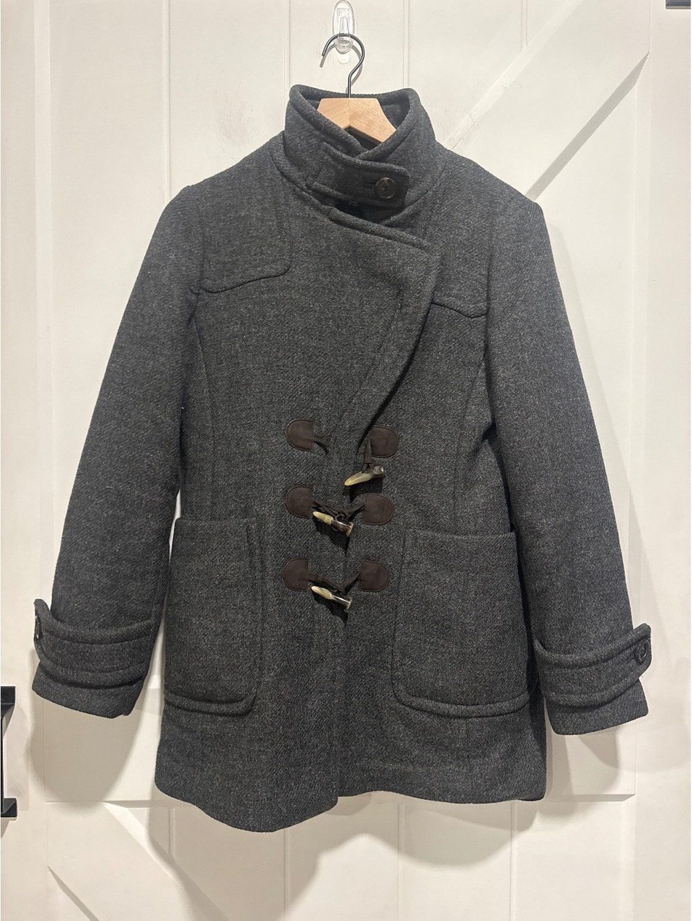 Banana Republic Asymmmetrical Wool Blend Toggle Duffle Coat with Funnel Collar